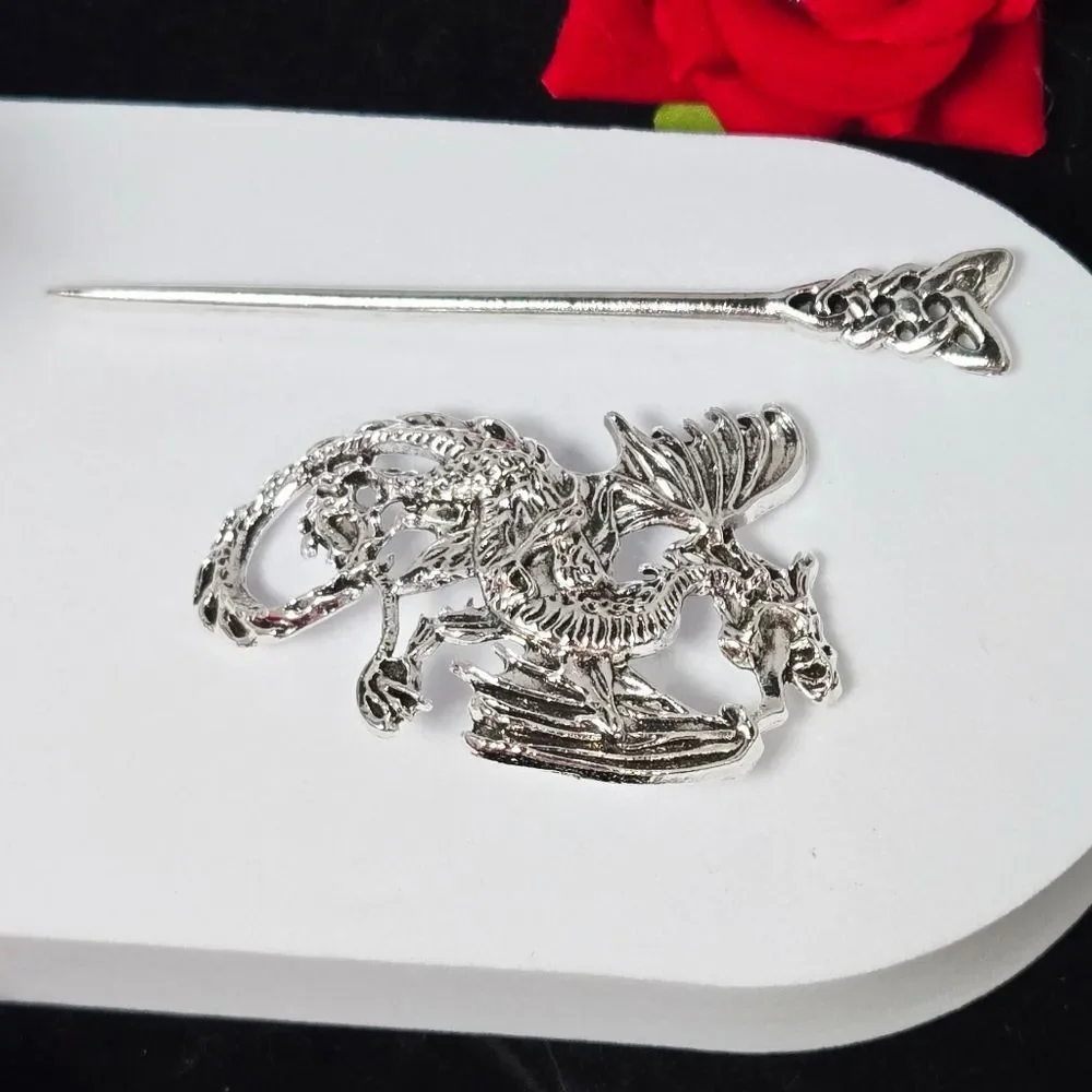 Silver Wyvern Dragon Celtic Knot Hair Pin Nordic Viking Stick Barrette Bun Clip
